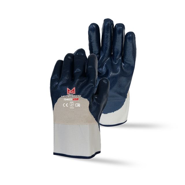 Cotton jersey liner safety cuff with full coverage blue nitrile coating