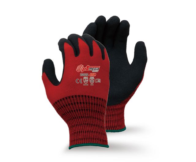 13G red acrylic fleeced liner with black sandy latex palm coated